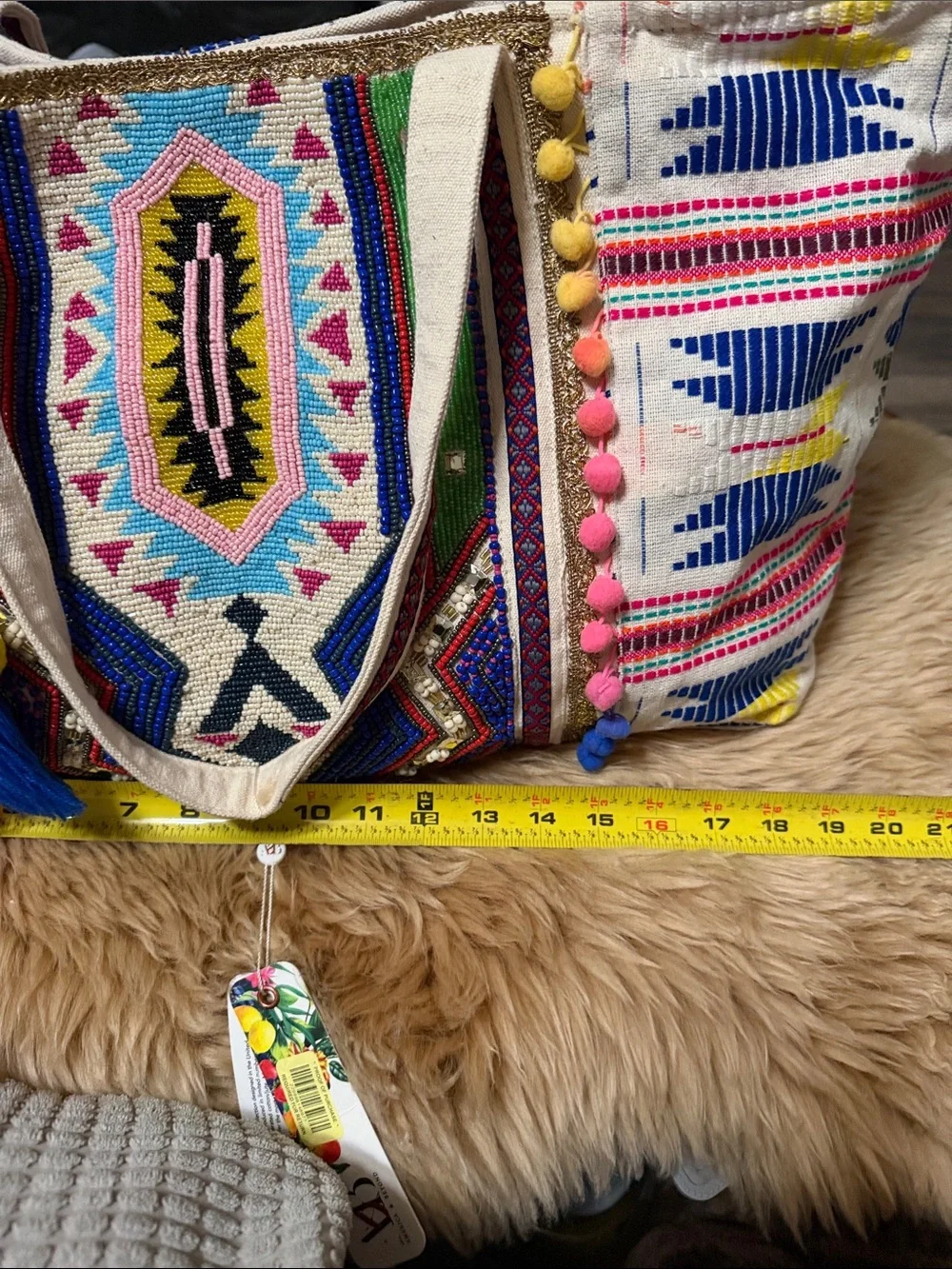 America & Beyond Beaded & Pom Pom Colorful Tote NWT